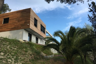 Exemple d'une façade de maison blanche tendance en bois et bardage à clin de taille moyenne et à un étage avec un toit plat.