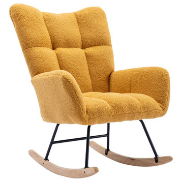 TATEUS Solid Wood Plush Velvet Nursery Rocking Chair for Living Room, Yellow