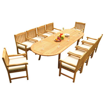 11-Piece Outdoor Teak Dining Set, 117" Extension Oval Table, 10 Devon Arm Chairs
