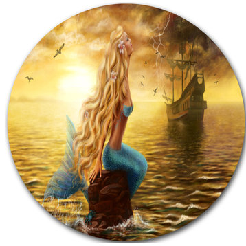 Sea Mermaid With Ghost Ship, Seascape Digital Disc Metal Artwork, 11"