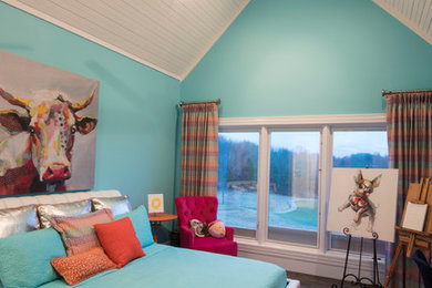 Mid-sized eclectic dark wood floor bedroom photo in Other with blue walls and no fireplace
