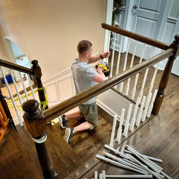 REMODELING STAIRCASE AND REFINISHING RED OAK HARDWOOD FLOORING IN ELMHURST, ILLI