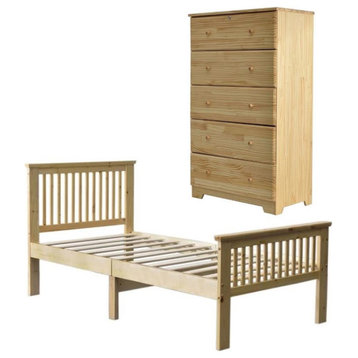 Home Square 2-Piece Set with 5-Drawer Chest Dresser and Pine Twin Bed in Natural