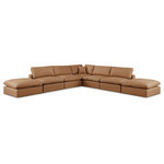 Meridian Furniture - Comfy Upholstered L-Shaped Modular Sectional, Cognac, 7-Piece: 4 Armless Chair, 1 Corner Chair, 2 Ottoman, Vegan Leather - Give your space a whole new look with this cognac Comfy vegan leather sectional. This handsome sectional fits nicely with other items in the Comfy collection and is a versatile seating option designed for adaptability, comfort and style. Wrapped in rich cognac durable vegan leathered upholstery, this sectional offers a plush embrace of overstuffed down feather cushions, carefully crafted to deliver the highest level of comfort. The perfect seat for creating an oasis for relaxation, this sectional has thick foam surrounding its frame for added support and coziness.