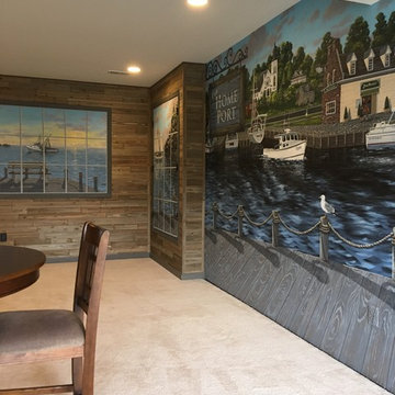 New England Harbor Town Mural, hand painted throughout a lower level