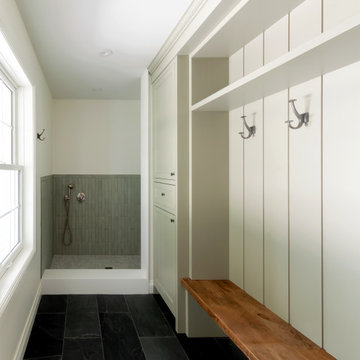 Mudroom with Dog Wash, Lockers and Live Edge Bench | Slate Floor — Erin, ON
