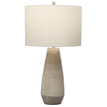 Classic Earth Tones Taupe Gray Ceramic Table Lamp Tapered Cylinder White Elegant