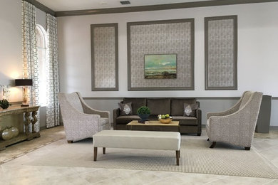 This is an example of a large contemporary living room in Miami with white walls.