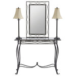 STEIN WORLD - Esther Vanity Set - Four-piece table, mirror and two lamp set crafted of metal in soft black. Table top has clear glass. Lamps have gold faux silk softback shades and require one 40 watt medium base bulb, not included. On/off line switch.