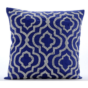 Lattice Trellis Blue Cotton Linen Pillow Covers 14"x14", Royal Lineage