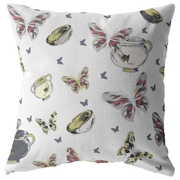 16" White Butterflies Indoor Outdoor Zippered Throw Pillow