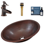 Sinkology - Schrodinger Copper 17" Oval Dual Flex Bath Sink with Ashfield Faucet Kit - No one has the exact same sense of style. The Schrodinger copper bath sink gives you the option to mix it up with a Dual Flex rim, which allows you to install the sink as either a drop-in or an undermount. The simple oval design offers delicate hand-hammering for a graceful simplicity. To match the beautiful aged copper finish, this kit includes a rustic bronze bath faucet, a matching grid sink drain, and a copper sink care kit.
