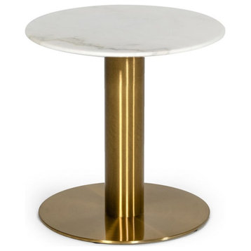 Modrest Fairway Round Stainless Steel & Marble End Table in White/Gold