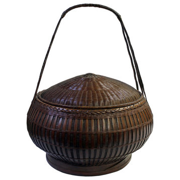 Oriental Handmade Brown Rattan Basket with Long Handle Hws460
