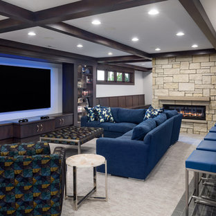 Contemporary look-out basement in Omaha with white walls, carpet, a stone fireplace surround, a ribbon fireplace and beige floors.