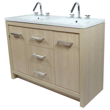 48" Double Sink Vanity, Neutral Finish With White Ceramic Top