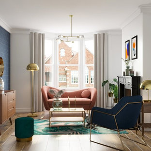 Photo of a medium sized classic formal living room in Bordeaux with white walls, medium hardwood flooring, a standard fireplace, a wooden fireplace surround and brown floors.