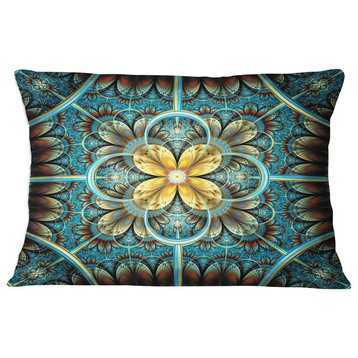 Blue and Yellow Large Fractal Flower Design Floral Throw Pillow, 12"x20"
