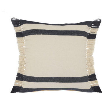 Double Blue Border Striped Throw Pillow with Fringe, 20" X 20"