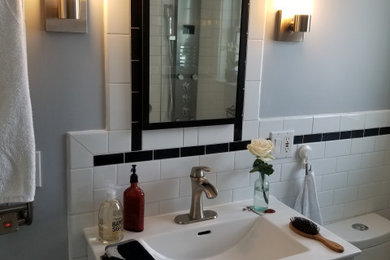 Inspiration for a small transitional master white tile and ceramic tile ceramic tile, gray floor and single-sink bathroom remodel in Other with beaded inset cabinets, white cabinets, a one-piece toilet, white walls, an integrated sink, white countertops and a floating vanity