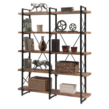 Industrial Bookcase, 5 Large Open Shelves, Perfect for Extra Storage, Brown