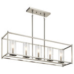 Kichler - Crosby 5-Light Linear Chandelier in Brushed Nickel - Take the simplicity of a candle in a jar, multiply it by five and pair it with a clean brushed nickel frame to arrive at the minimalist brilliance of the Kichler Crosby linear chandelier. Five candelabra style bulbs are held in place by brushed nickel finished candle sleeves, encircled by clear glass diffusers and perched upon a streamlined geometric base. The fixture's crisp, orderly design makes it ideal for the dining room or above the kitchen island of your contemporary home. The height of this fixture can be adjusted as desired, up to a maximum hanging height of 40". A sloped ceiling kit is including for installation on angled surfaces.  This light requires 5 , 60W Watt Bulbs (Not Included) UL Certified.