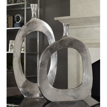 Open Abstract Circle Aluminum Vases 2-Piece Set, Silver Metal Round