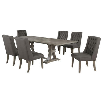 Rustic Gray Wood 7pc Dining Set with Table and Gray Linen Chairs