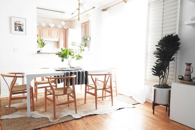 Kitchen/dining room combo - mid-sized coastal medium tone wood floor and brown floor kitchen/dining room combo idea in New York with white walls and no fireplace