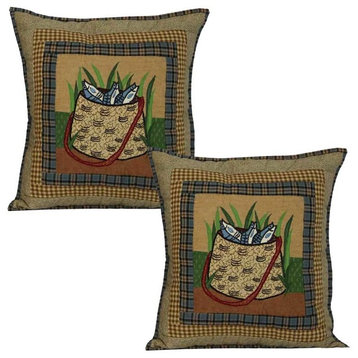 Hand Quilted Cotton Applique Toss Pillow, Gone Fishing, Set Of 2