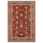 Bareens Designer Rugs - Classic Ziegler Adela Red Blue Hand-Knotted Wool Rug - 9'4'' x 12'6'' - Enhance the ambiance of your home with this magnificent Persian-influenced Turkish hand-knotted rug made by skilled artisans capable of creating the most exceptional vegetable dyes and hand-spun wool. This exquisite handmade rug is a one-of-a-kind Peshawar Kafkaz, otherwise identified as Chobi, Chobi Peshawar, Oushak, or Ziegler rug. These handmade rugs are crafted in Pakistan utilizing superior-quality wool imported from Australia, New Zealand, and Korea in two types of weaves: the Persian weave and the Mori weave. This rug is meticulously crafted by hand using the finest natural vegetable dyes extracted from local plants. The artisans use a blend of hand-spun local and fine merino wool, resulting in a rug with a compelling texture, higher lanolin content, and longer staple. The artisans occasionally incorporate natural or artificial silk into the pile to enhance specific motifs. The finished product is an awe-inspiring execution of flawless design and an understated palette that exudes elegance.