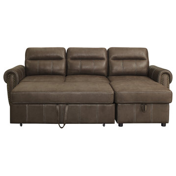 Ashton Microfiber Reversible Sleeper Sectional Sofa, Saddle Brown