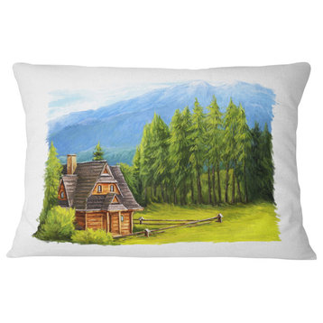 Small Wooden Home in Mountains Landscape Printed Throw Pillow, 12"x20"