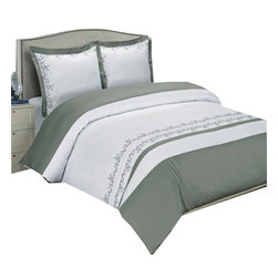 Royal Tradition - Amalia Cotton Embroidered Duvet Cover Set, Gray and White, Full/Queen - Duvet Covers And Duvet Sets