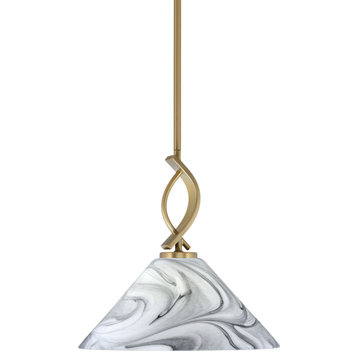 Cavella 1-Light Stem Hung Mini Pendant, New Age Brass, 12" Onyx Swirl Glass