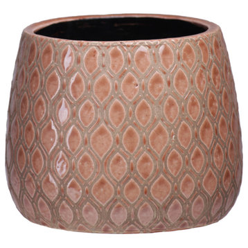 Round Bellied Ceramic Pot With Leaf Shape Pattern Design, Gloss Apricot