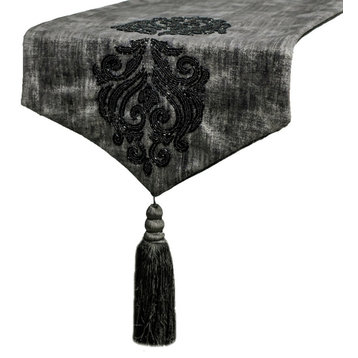 Decorative Table Runner Grey Suede 14"x60" Grudge Foil Beaded Damask & - Ayaat