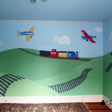 Boy's room mural with Airplanes and a Choo-choo train