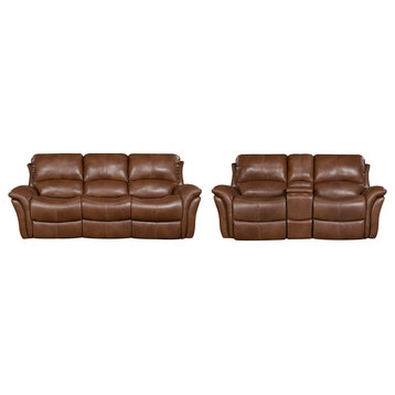 Yellowstone 100% Genuine Leather 2-Piece Sofa and Loveseat Set, Golden Brown