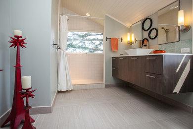Photo of a mid-sized transitional bathroom in Portland with an alcove shower, grey walls, porcelain floors, beige floor, white benchtops, flat-panel cabinets, dark wood cabinets, white tile, ceramic tile, a vessel sink, solid surface benchtops and a shower curtain.