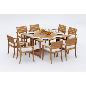 9-Piece Outdoor Teak Set: 60" Square Butterfly Table, 8 Trav Stacking Arm Chair
