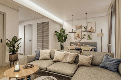 Mid-sized contemporary formal open concept living room in Bilbao with beige walls, medium hardwood floors and brown floor.
