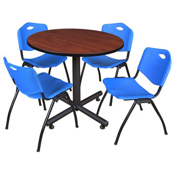 Kobe 42" Round Breakroom Table- Cherry & 4 'M' Stack Chairs- Blue