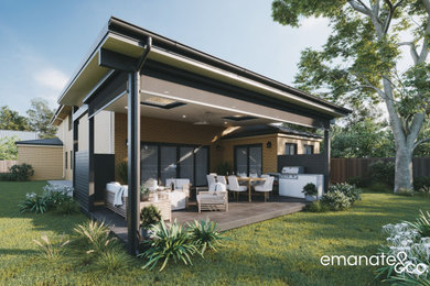 Стильный дизайн: маленький двор на заднем дворе в стиле модернизм с летней кухней, покрытием из плитки и навесом для на участке и в саду - последний тренд