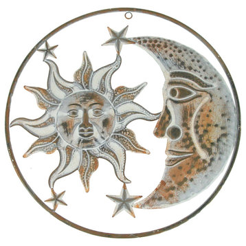Rusty White Metal Indoor Outdoor Celestial Sun Moon and Stars Wall Decor Set