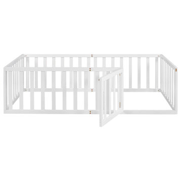 Gewnee Wood Twin Size Toddler Bed with Fence and Door in White