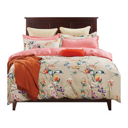 The Linen Center - Beige Floral  Twin Size 4 Piece  Linen Set With Fitted Sheet - Duvet Covers And Duvet Sets