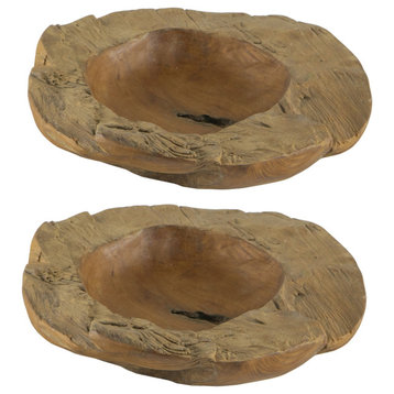 Benzara BM284953 2-Piece Set Teak Wood Table Bowls, Brown Finish