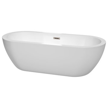 Soho 72" Freestanding White Bathtub, Brushed Nickel Drain and Overflow Trim