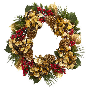 24" Golden Hydrangea with Berries and Pine Artificial Wreath